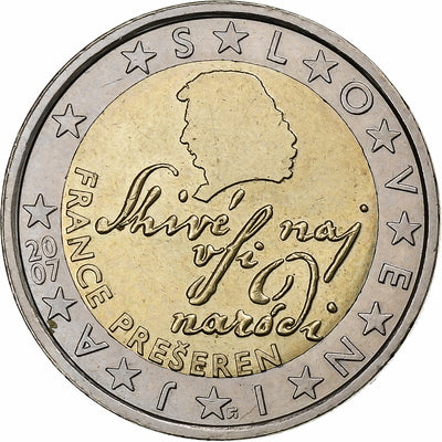 Slovénie, 
            
               2 Euro, 
            
               The poet France Prešeren