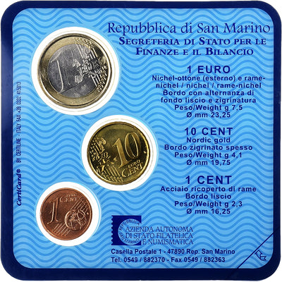 Saint Marin , 
            
               1 c. + 10 c. + 1€, 
            
               FDC