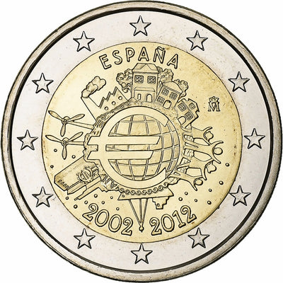 Espagne, 
            
               2 Euro, 
            
               10 ans de l'Euro